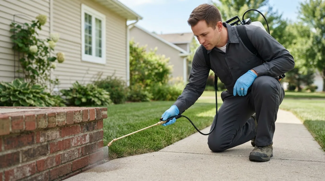 Pest control technician treating a home near Deerfield, WI